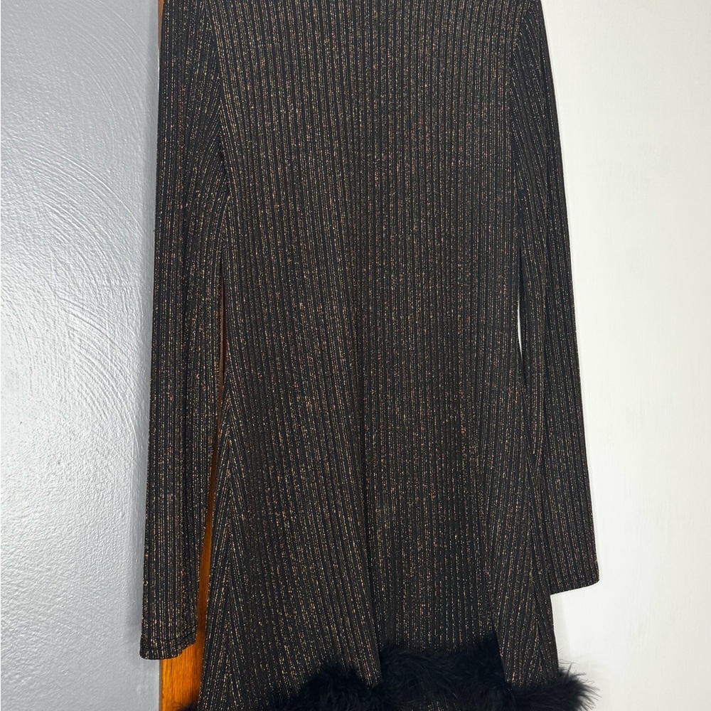 Black and Rose gold shimmer Long Sleeve Dress with Feather Hem/ Stretchy